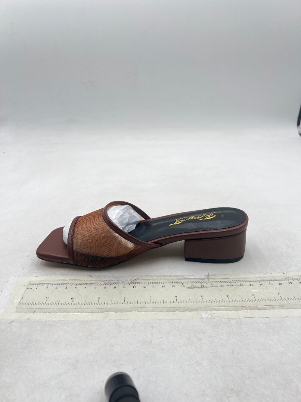FOWT Saddle Brown Open Square Toe Mesh Mules Block Low Heel Slip on Sandals